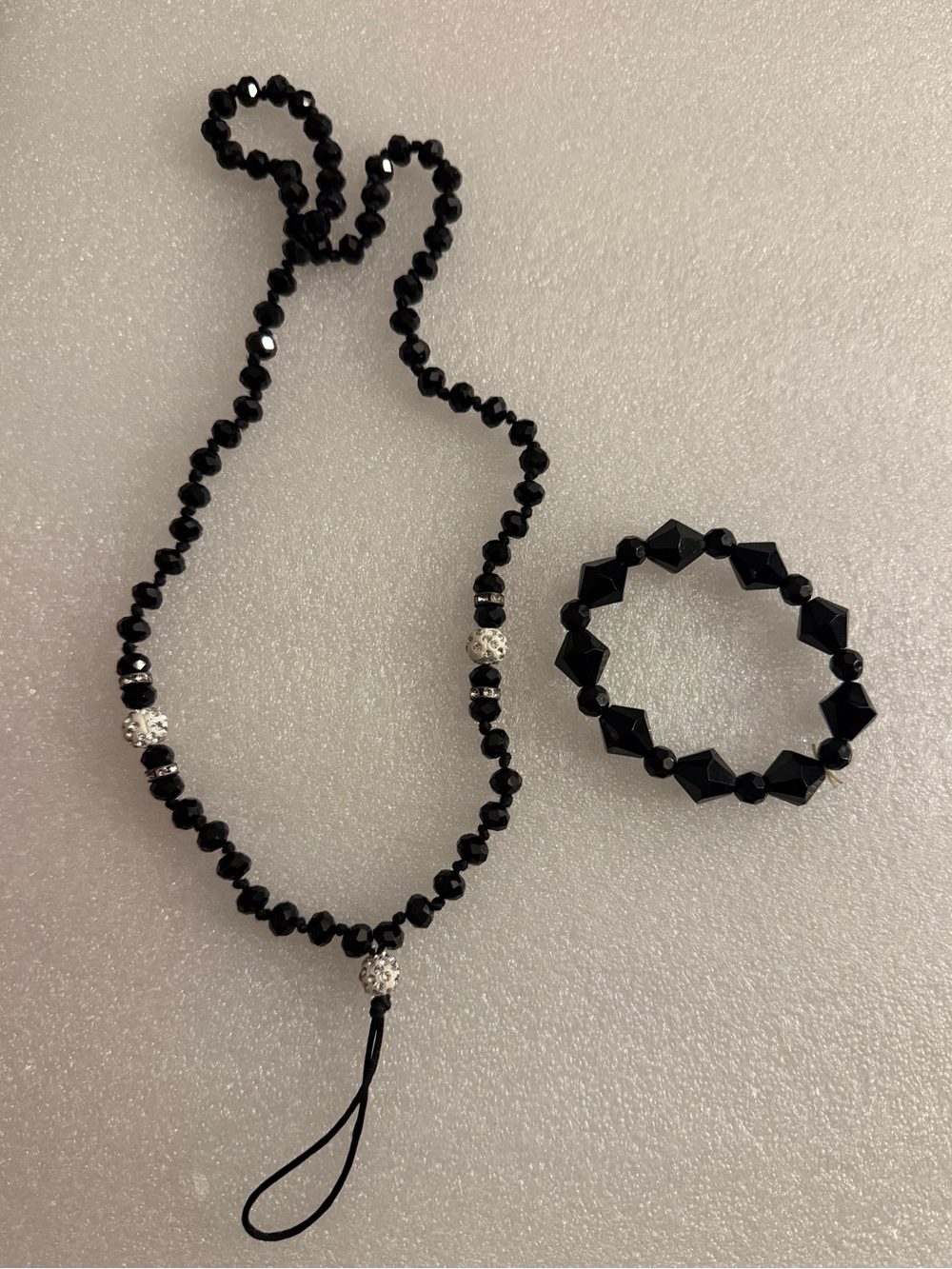 Boho Black Faceted Beaded Necklace With Drop Loop & Matching Bracelet Combo
